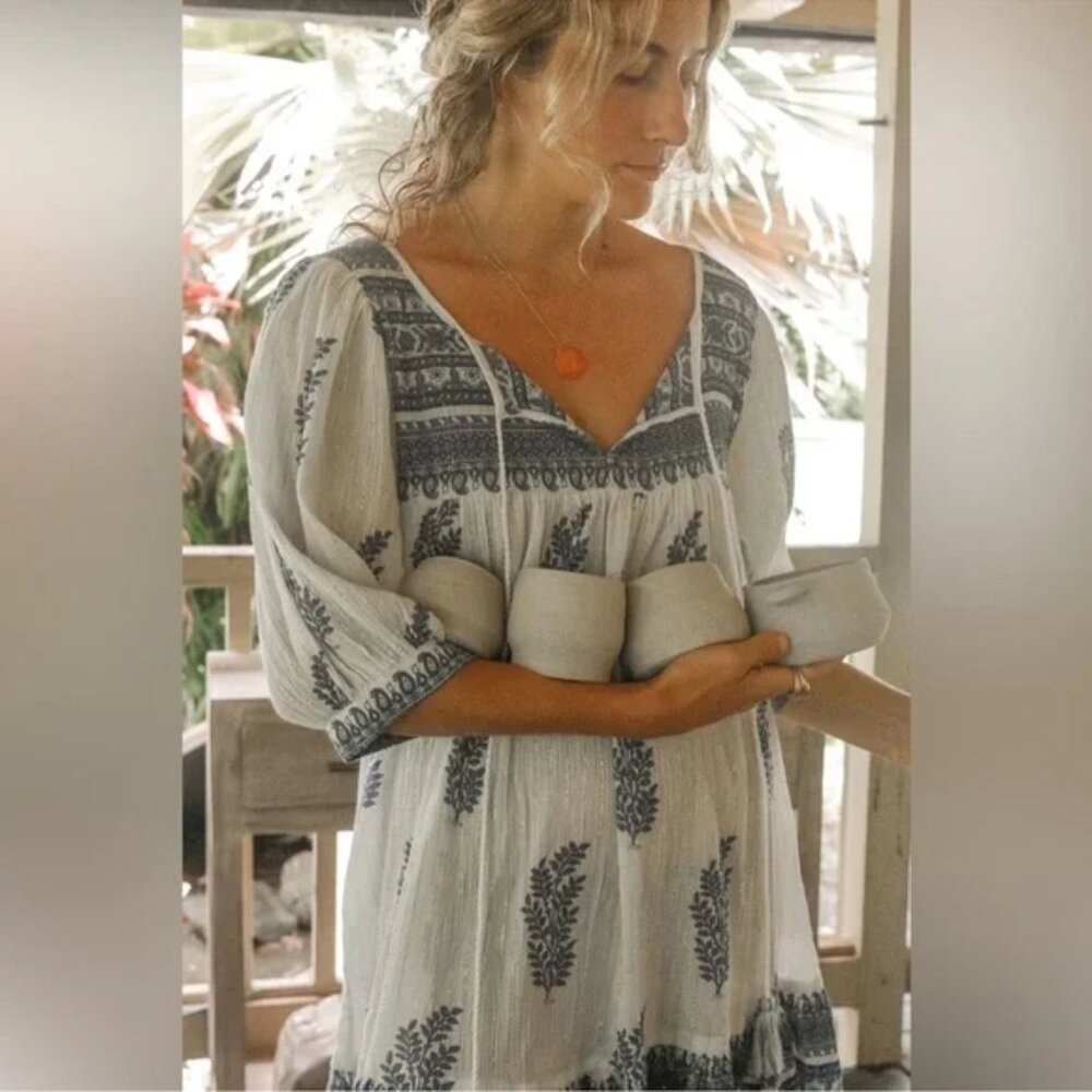 Daughters of India Mishka Dress Boho Feminine Romantic Ethical Blue White S B41 - Picture 2 of 14